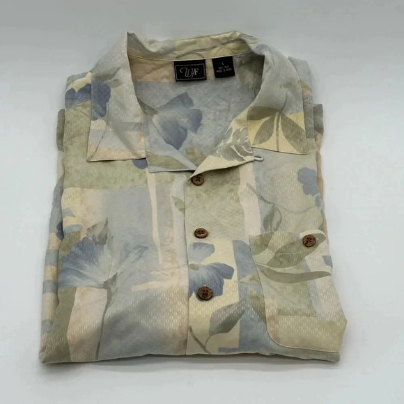 WFF Men's Hawaiian Short Sleeve 100% Silk Shirt Floral Print Blue/Tan Size Large - Picture 5 of 7